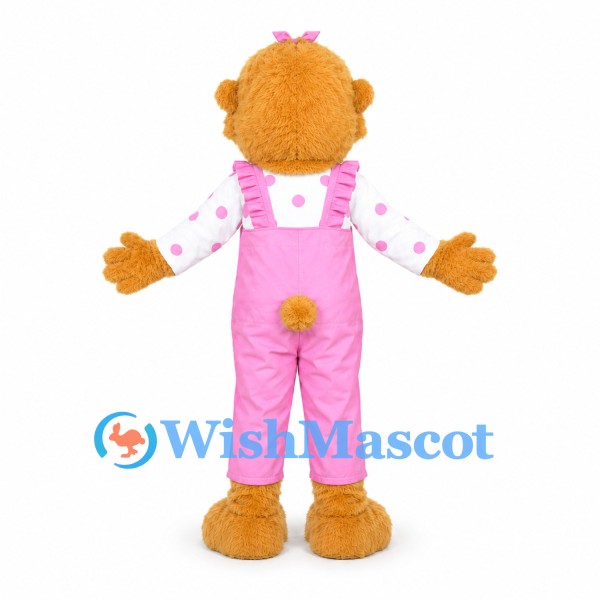 Girl Bear Mascot Costume with Pink Overalls and Floral Shirt