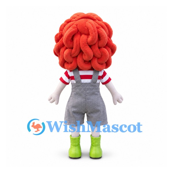 Girl Mascot Costume with Curly Red Hair and Gray Overalls