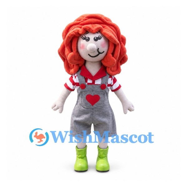 Girl Mascot Costume with Curly Red Hair and Gray Overalls