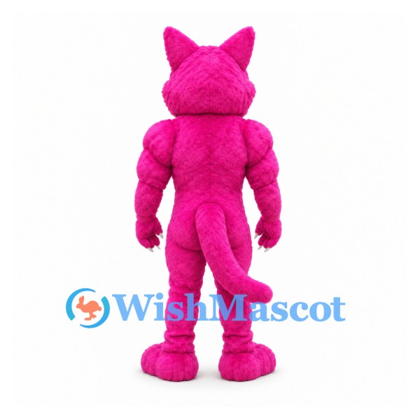Monster Cat Mascot Costume in Pink with Fangs and Black Belly