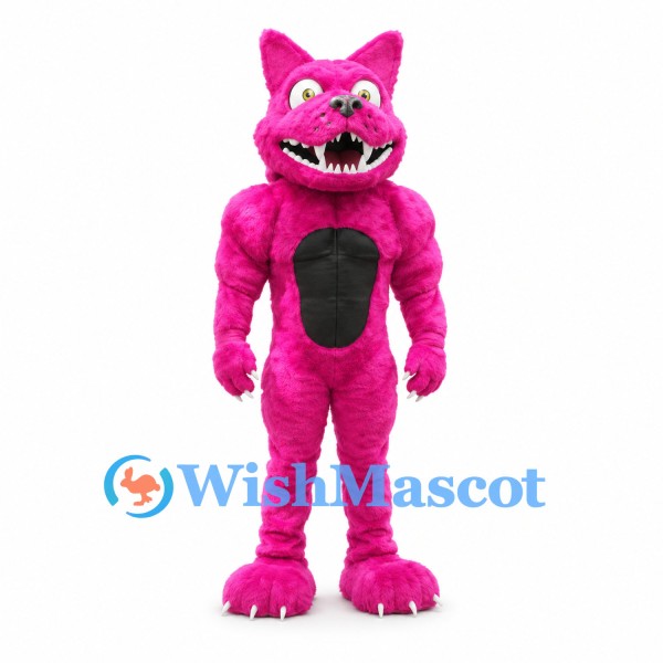 Monster Cat Mascot Costume in Pink with Fangs and Black Belly