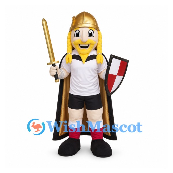 Knight Mascot Costume with Gold Helmet Sword and Shield
