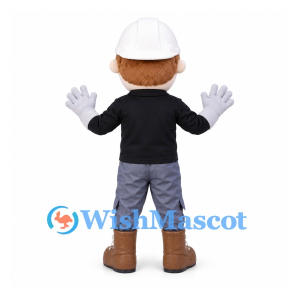 Worker Mascot Costume with White Hard Hat and Black Shirt
