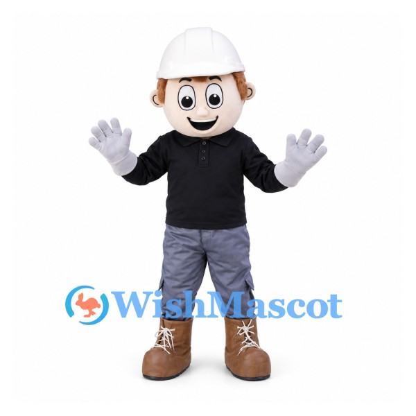 Worker Mascot Costume with White Hard Hat and Black Shirt