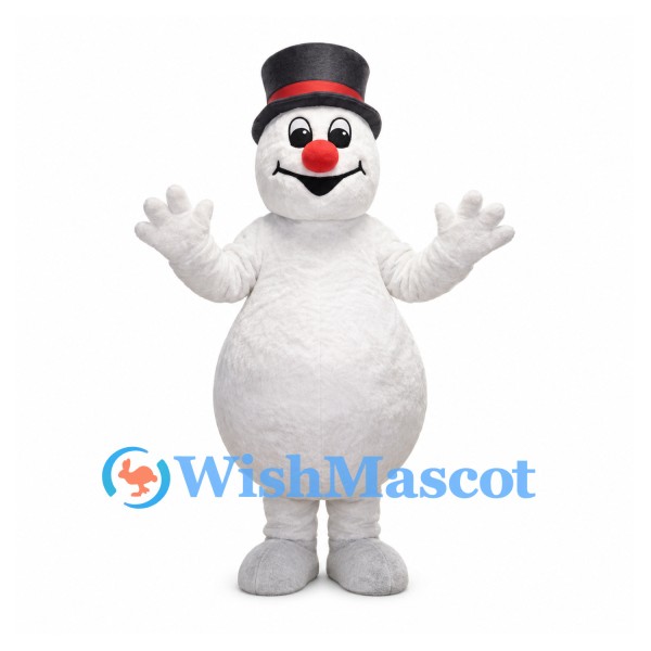 Snowman Mascot Costume with Black Top Hat and Red Nose