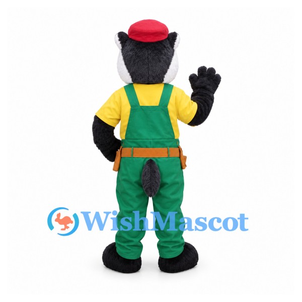 Builder Badger Mascot Costume with Green Overalls and Red Cap