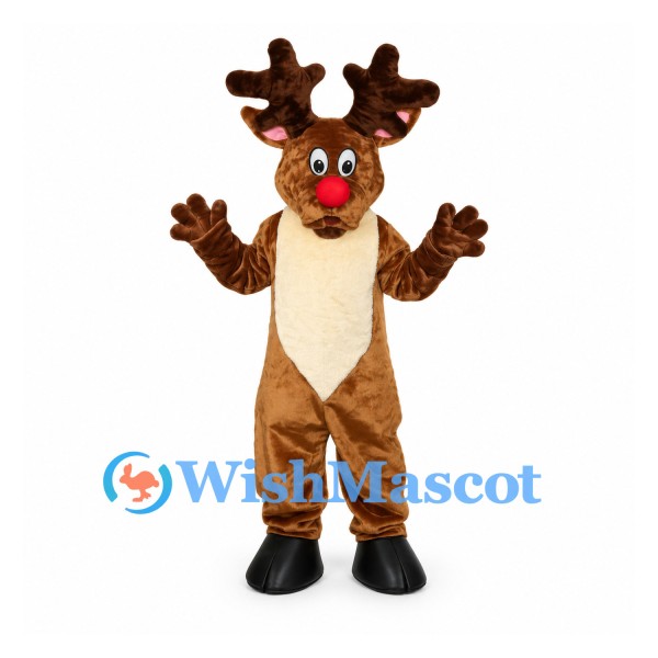 Reindeer Mascot Costume in Brown with Red Nose and Cream Belly