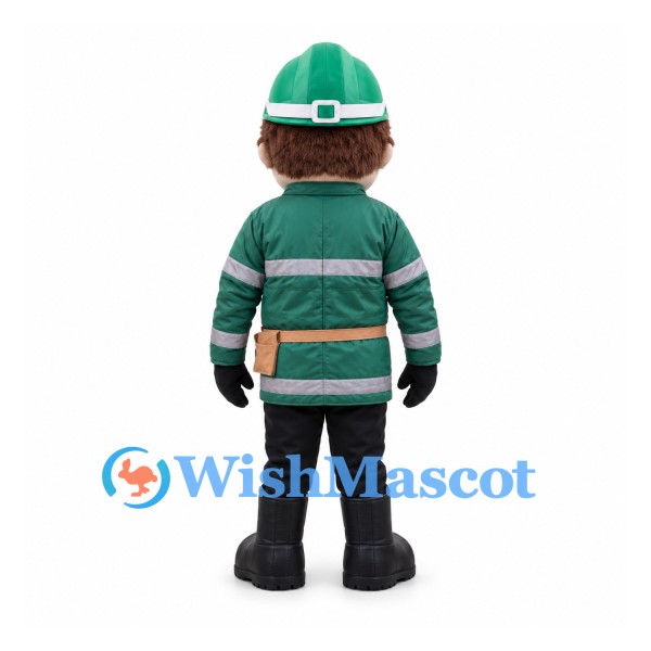 Construction Worker Mascot Costume with Green Hard Hat and Work Jacket