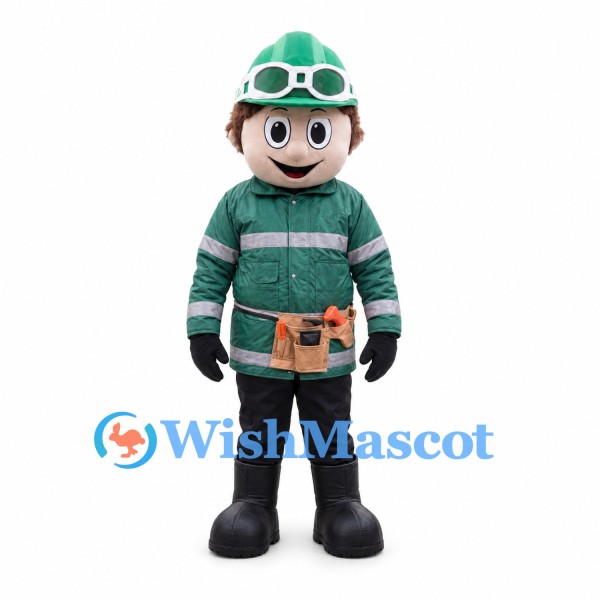 Construction Worker Mascot Costume with Green Hard Hat and Work Jacket
