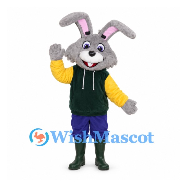 Rabbit Mascot Costume with Green Vest and Yellow Sleeves