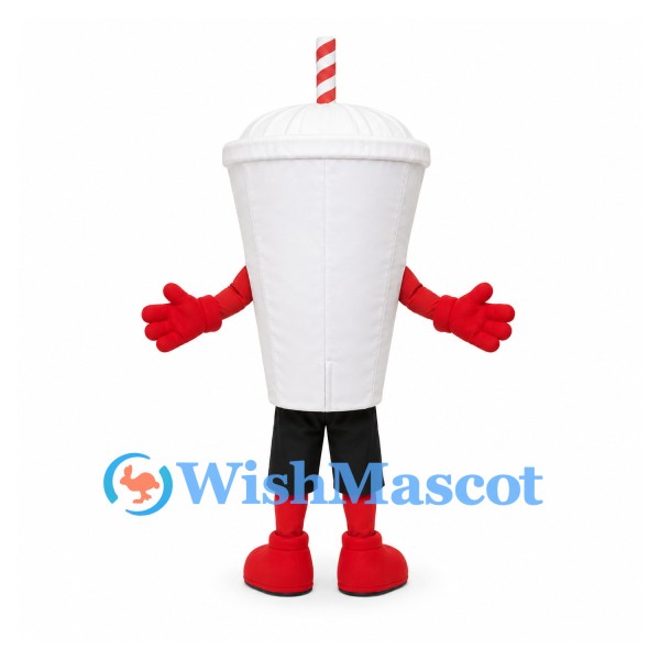 Drink Cup Mascot Costume in White with Striped Straw and Red Gloves