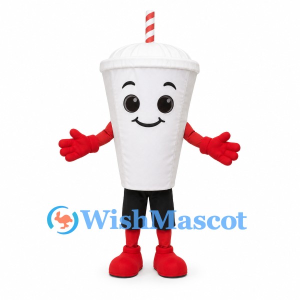 Drink Cup Mascot Costume in White with Striped Straw and Red Gloves