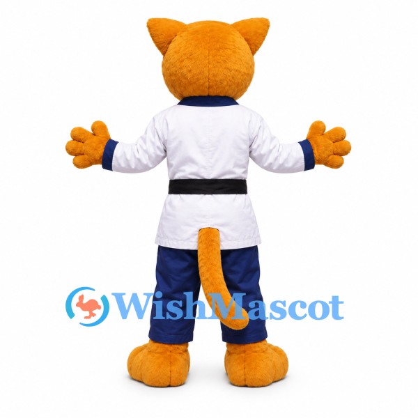 Martial Arts Cat Mascot Costume with White Uniform and Black Belt