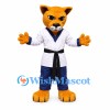 Martial Arts Cat Mascot Costume with White Uniform and Black Belt