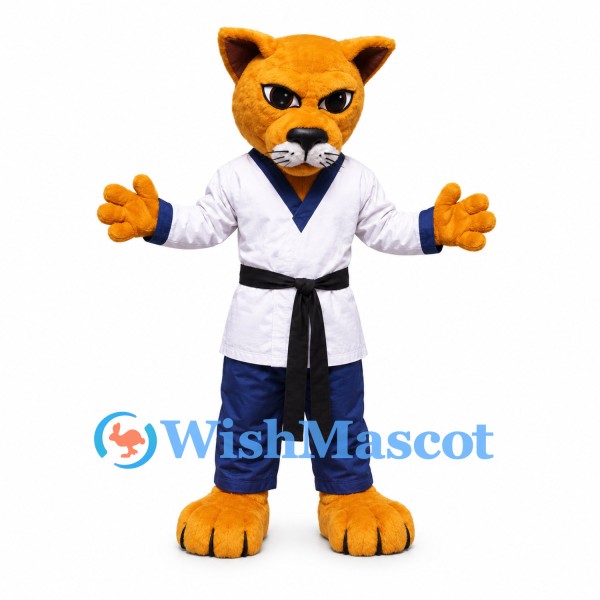 Martial Arts Cat Mascot Costume with White Uniform and Black Belt