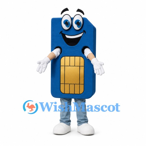 SIM Card Mascot Costume in Blue with Gold Chip Detail