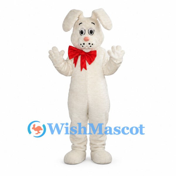 Rabbit Mascot Costume in White with Red Neck Bow
