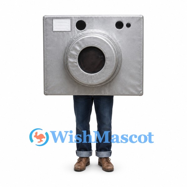 Camera Mascot Costume in Silver with Large Round Lens