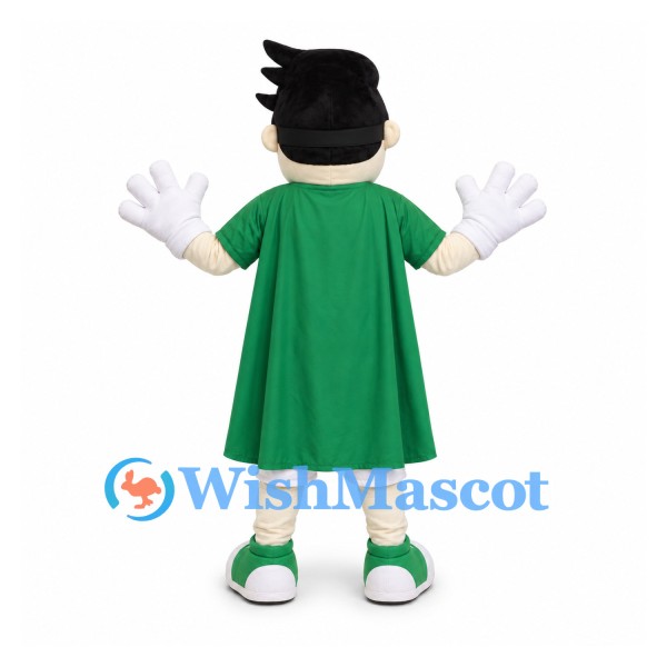 Superhero Boy Mascot Costume with Green Cape and Black Mask