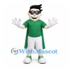 Superhero Boy Mascot Costume with Green Cape and Black Mask