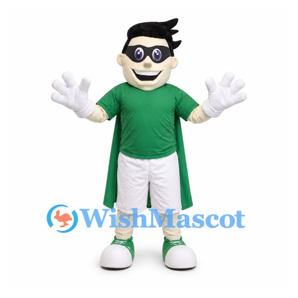 Superhero Boy Mascot Costume with Green Cape and Black Mask