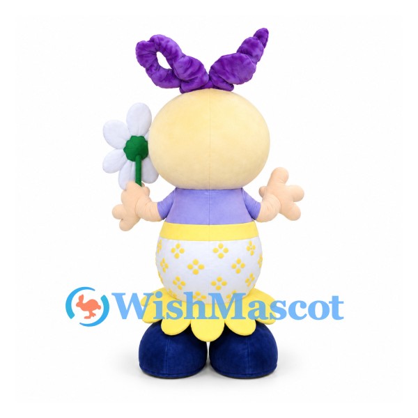 Girl Mascot Costume with Purple Hair Bow and Yellow Floral Skirt