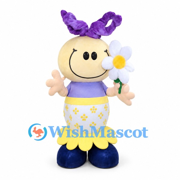 Girl Mascot Costume with Purple Hair Bow and Yellow Floral Skirt