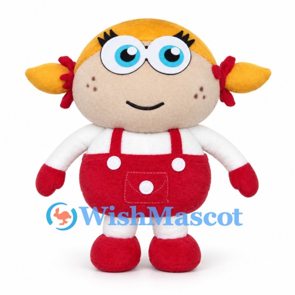 Girl Mascot Costume with Blonde Pigtails and Red Overalls