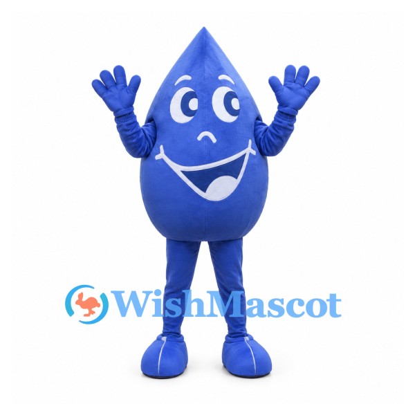 Water Drop Mascot Costume in Blue with Smiling Face