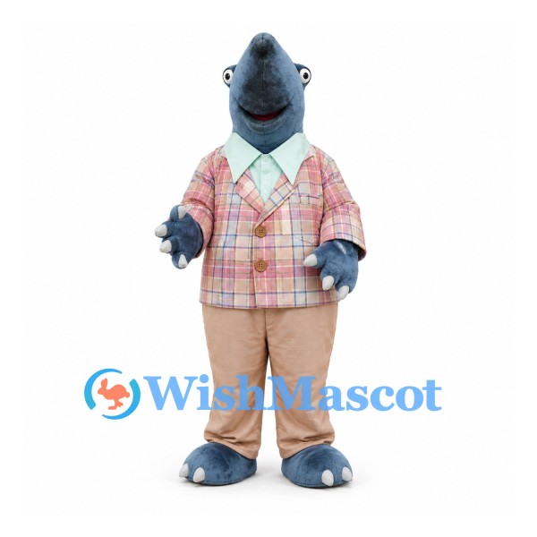 Rhino Mascot Costume with Plaid Jacket and Tan Pants