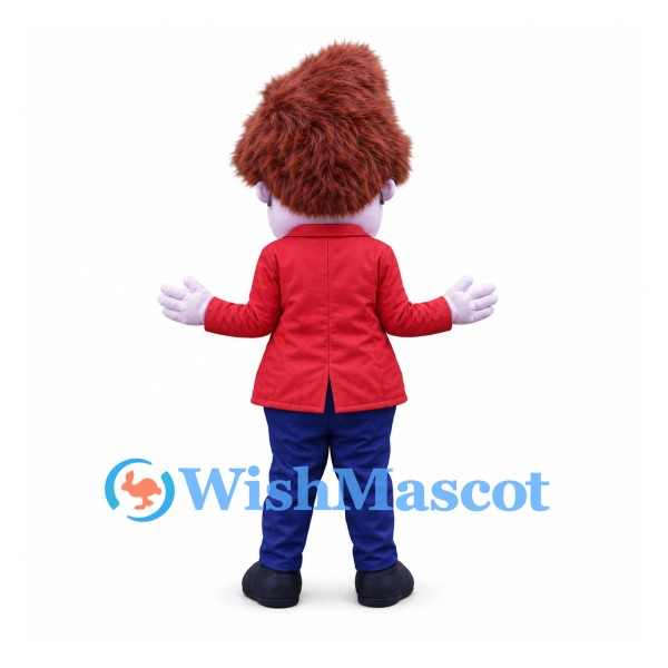 Man Mascot Costume with Curly Brown Hair and Red Jacket