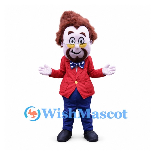 Man Mascot Costume with Curly Brown Hair and Red Jacket