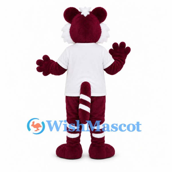 Tiger Mascot Costume in Burgundy with White Shirt and Striped Tail