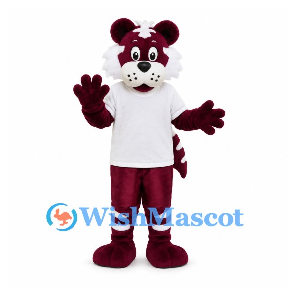 Tiger Mascot Costume in Burgundy with White Shirt and Striped Tail