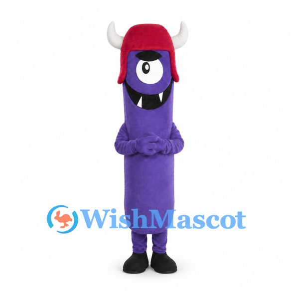 One-Eyed Monster Mascot Costume in Purple with Red Horned Hat