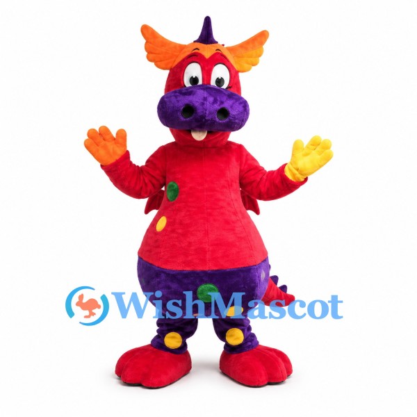 Dragon Mascot Costume in Red with Purple Snout and Colorful Spots