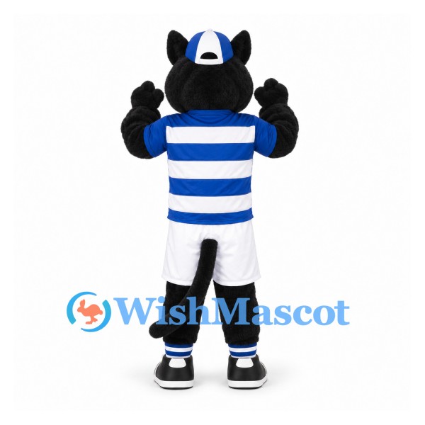 Cat Mascot Costume in Black with Blue Striped Sports Shirt
