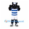 Cat Mascot Costume in Black with Blue Striped Sports Shirt