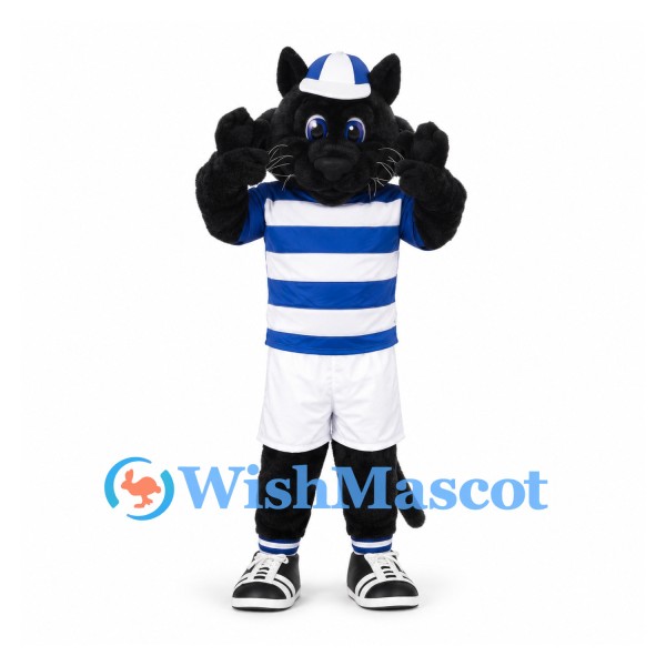 Cat Mascot Costume in Black with Blue Striped Sports Shirt
