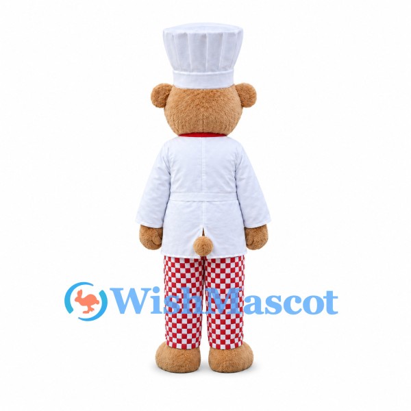 Chef Bear Mascot Costume with White Hat and Red Checkered Pants