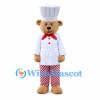 Chef Bear Mascot Costume with White Hat and Red Checkered Pants