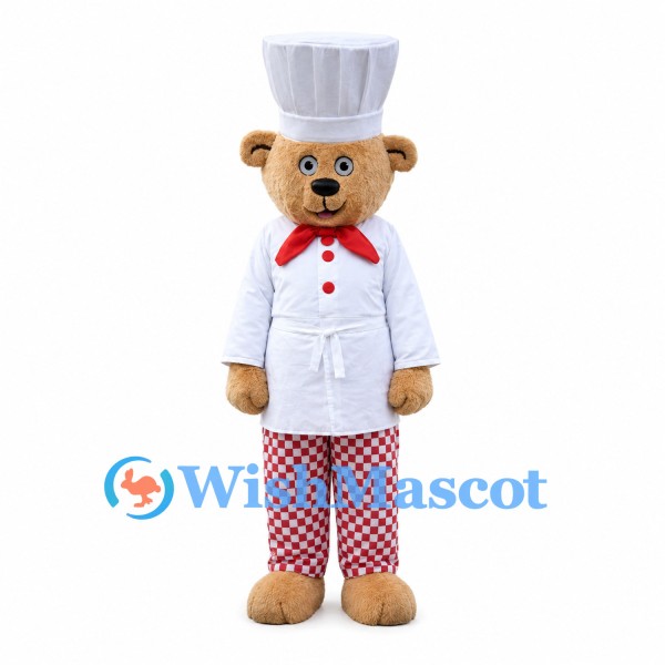Chef Bear Mascot Costume with White Hat and Red Checkered Pants