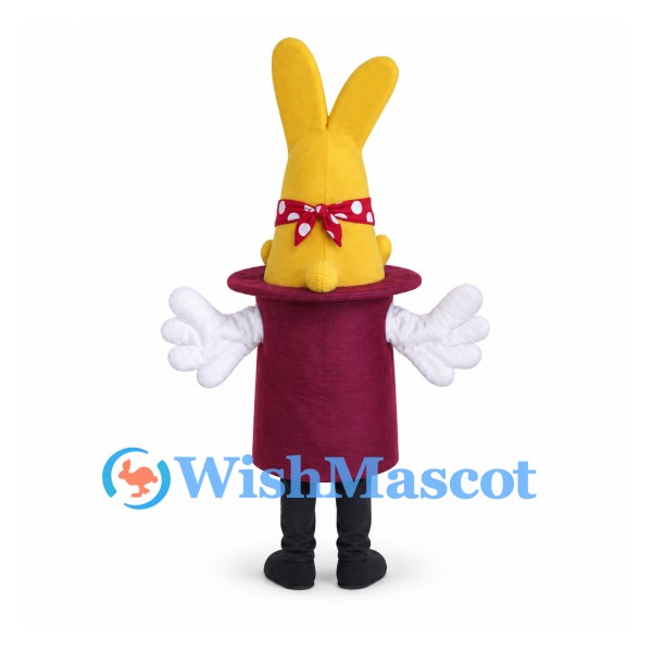 Rabbit in Hat Mascot Costume in Yellow with Purple Top Hat and Red Bow Tie