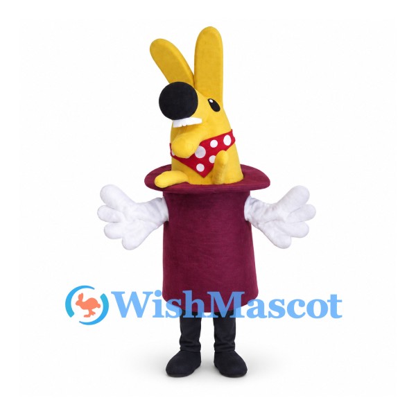 Rabbit in Hat Mascot Costume in Yellow with Purple Top Hat and Red Bow Tie