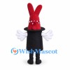 Rabbit in Hat Mascot Costume in Red with Black Top Hat and Spotted Bow Tie