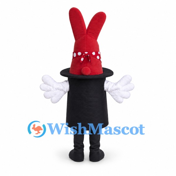 Rabbit in Hat Mascot Costume in Red with Black Top Hat and Spotted Bow Tie