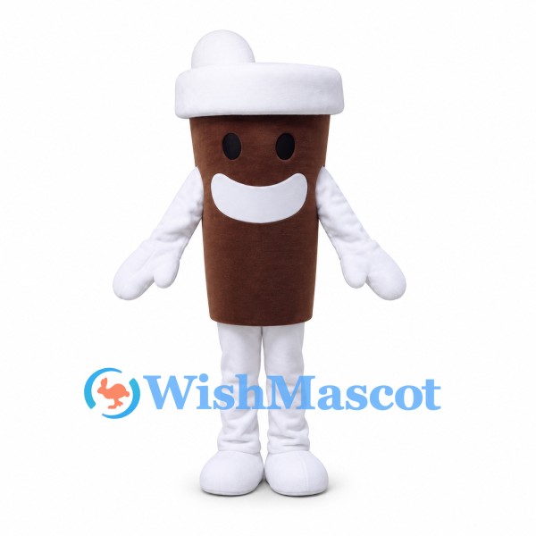 Coffee Cup Mascot Costume in Brown with White Lid and Gloves