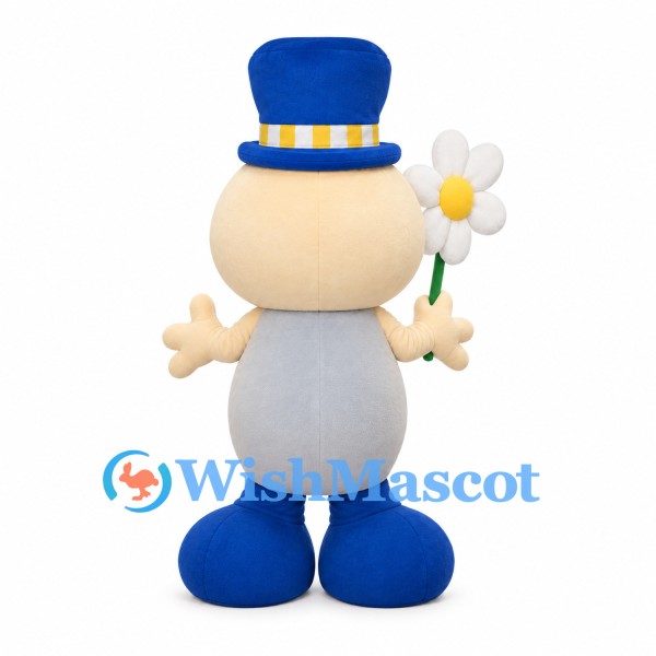 Smiling Character Mascot Costume with Blue Top Hat and Flower