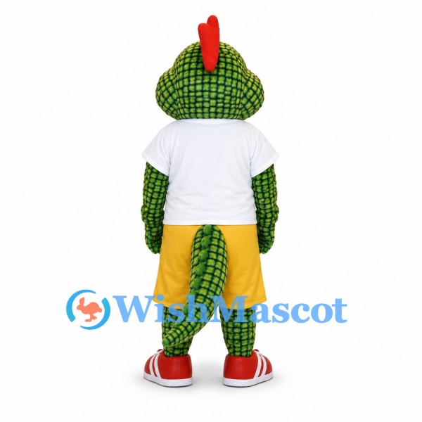 Dragon Mascot Costume in Green with White Shirt and Yellow Shorts