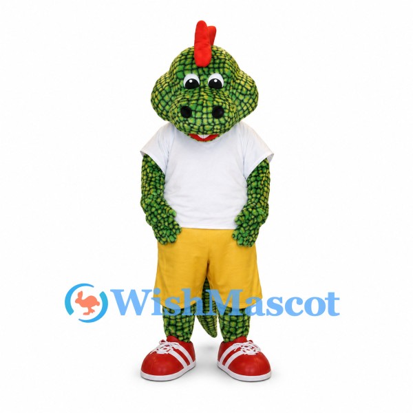 Dragon Mascot Costume in Green with White Shirt and Yellow Shorts